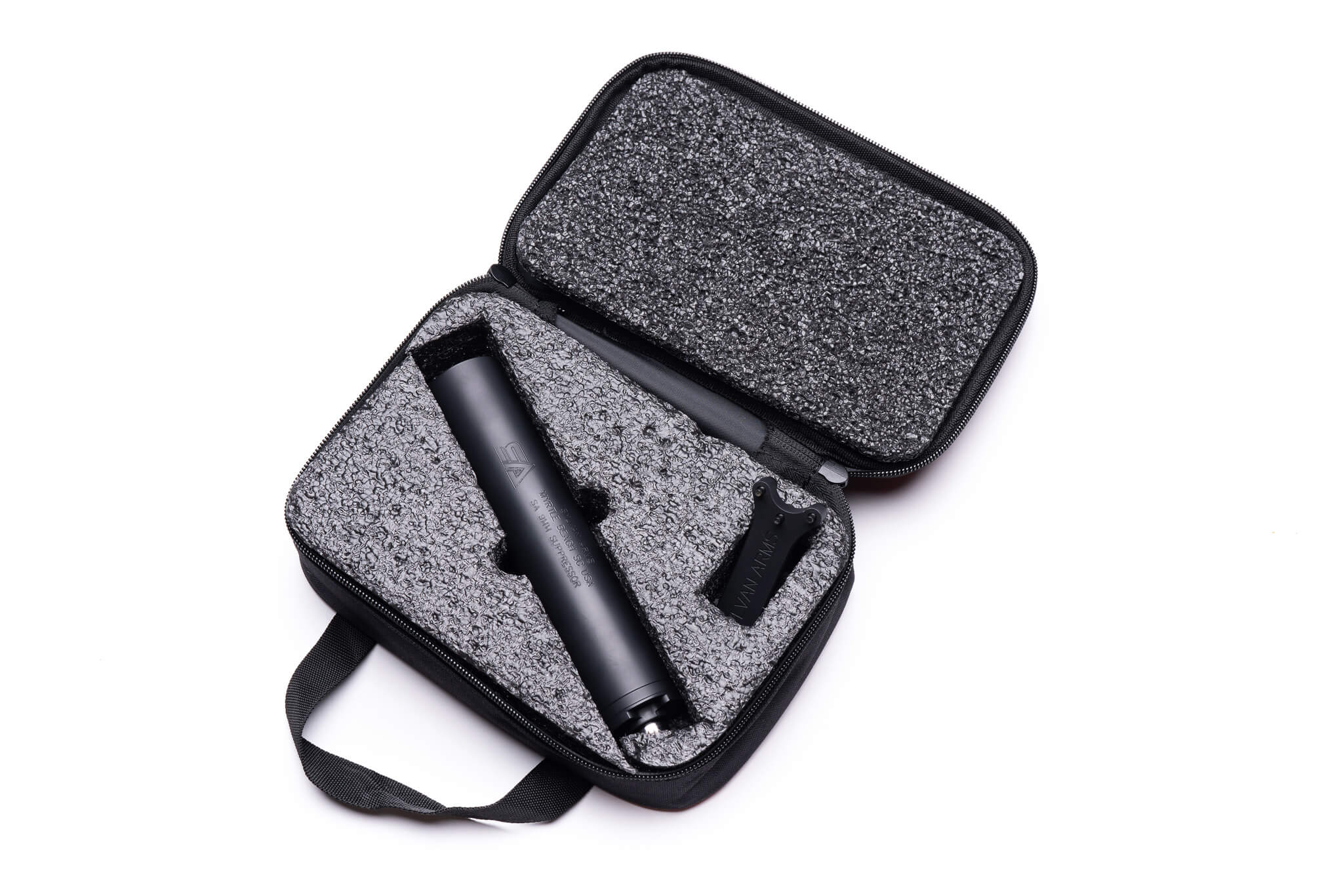 A Sylvan Arms 9mm Suppressor in its case